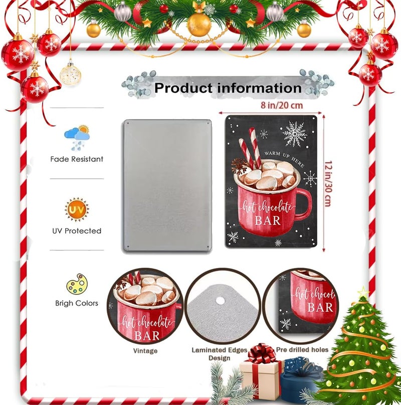 Joyline Vintage Christmas Decor Gifts Rustic Hot Chocolate Bar Warm Up Here Tin Sign for Home Farmhouse Kicthen Cafe Bar Wall Decor 8 x 12 inches (3235) - Image 2